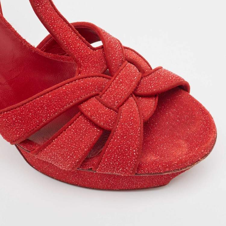 Pre Owned Saint Laurent Red Crystal Suede Tribute  Ankle Strap Sandals Size 38