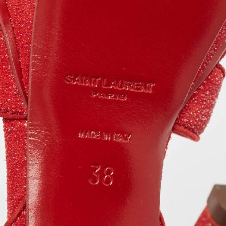 Pre Owned Saint Laurent Red Crystal Suede Tribute  Ankle Strap Sandals Size 38