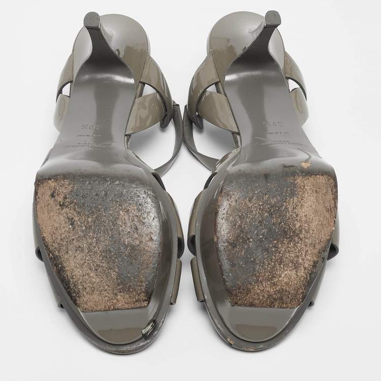 Pre Owned Saint Laurent Grey Patent Leather Tribute Sandals Size 39.5