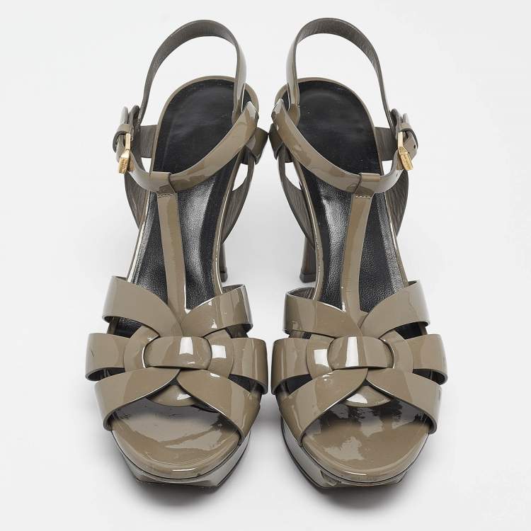 Pre Owned Saint Laurent Grey Patent Leather Tribute Sandals Size 39.5