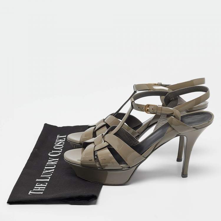 Pre Owned Saint Laurent Grey Patent Leather Tribute Sandals Size 39.5