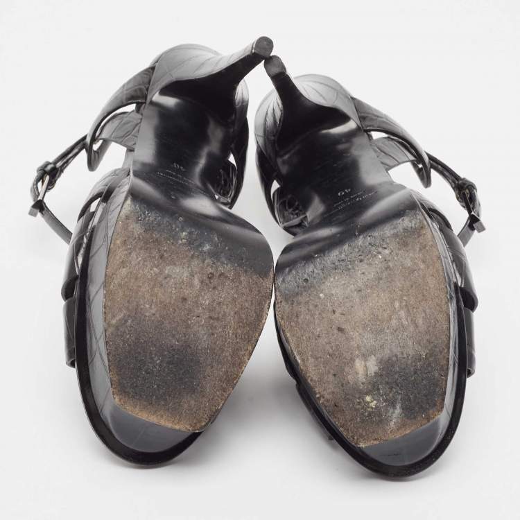 Pre Owned Saint Laurent Black Embossed Croc Tribute Sandals Size 40