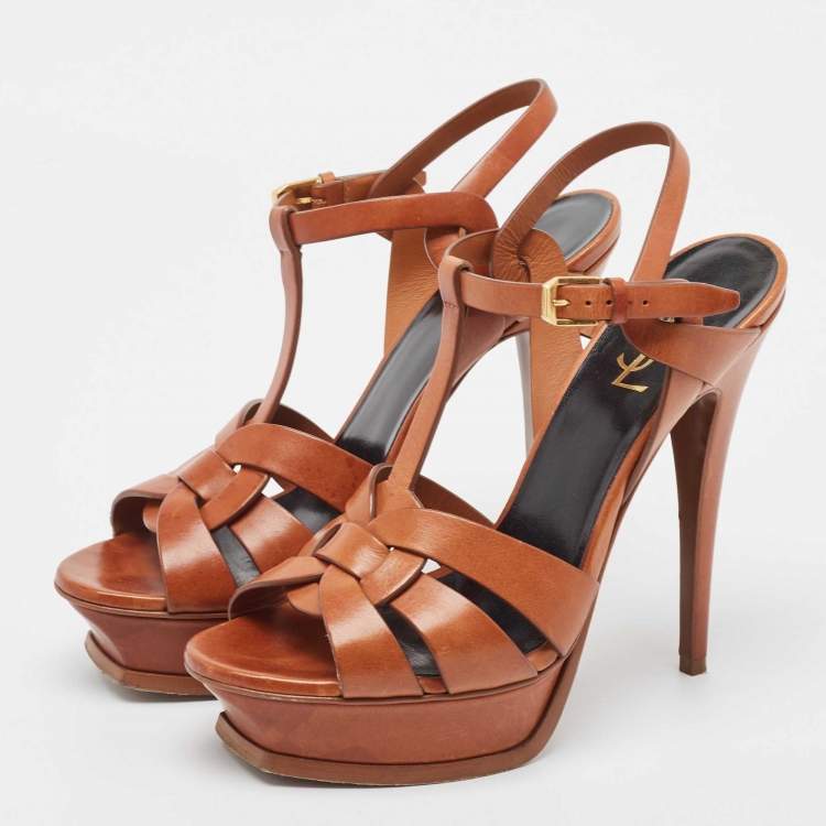 Pre Owned Saint Laurent Brown Leather Tribute Sandals Size 40