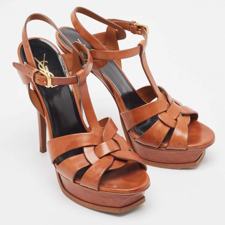 Pre Owned Saint Laurent Brown Leather Tribute Sandals Size 40