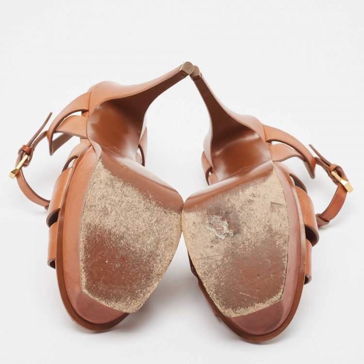 Pre Owned Saint Laurent Brown Leather Tribute Sandals Size 40