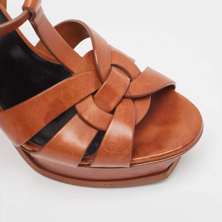 Pre Owned Saint Laurent Brown Leather Tribute Sandals Size 40
