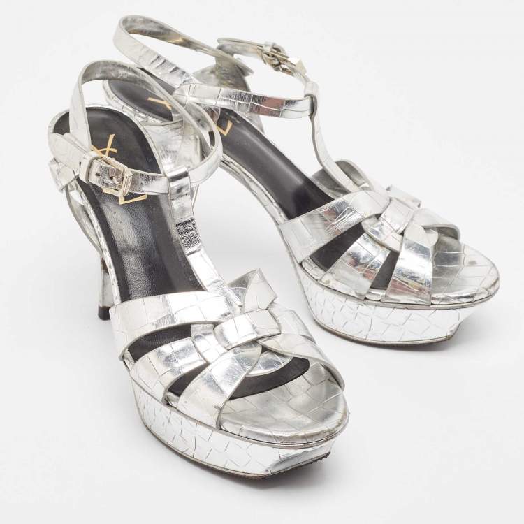 Pre Owned Saint Laurent Silver Croc Embossed Leather Tribute  Sandals Size 37.5
