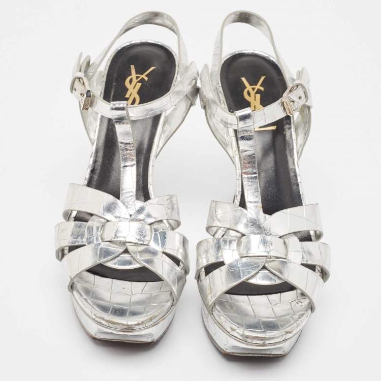 Pre Owned Saint Laurent Silver Croc Embossed Leather Tribute  Sandals Size 37.5