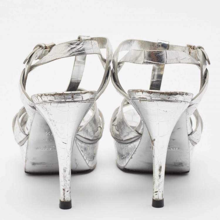 Pre Owned Saint Laurent Silver Croc Embossed Leather Tribute  Sandals Size 37.5