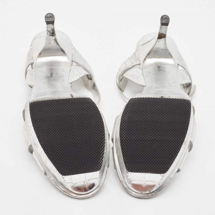 Pre Owned Saint Laurent Silver Croc Embossed Leather Tribute  Sandals Size 37.5