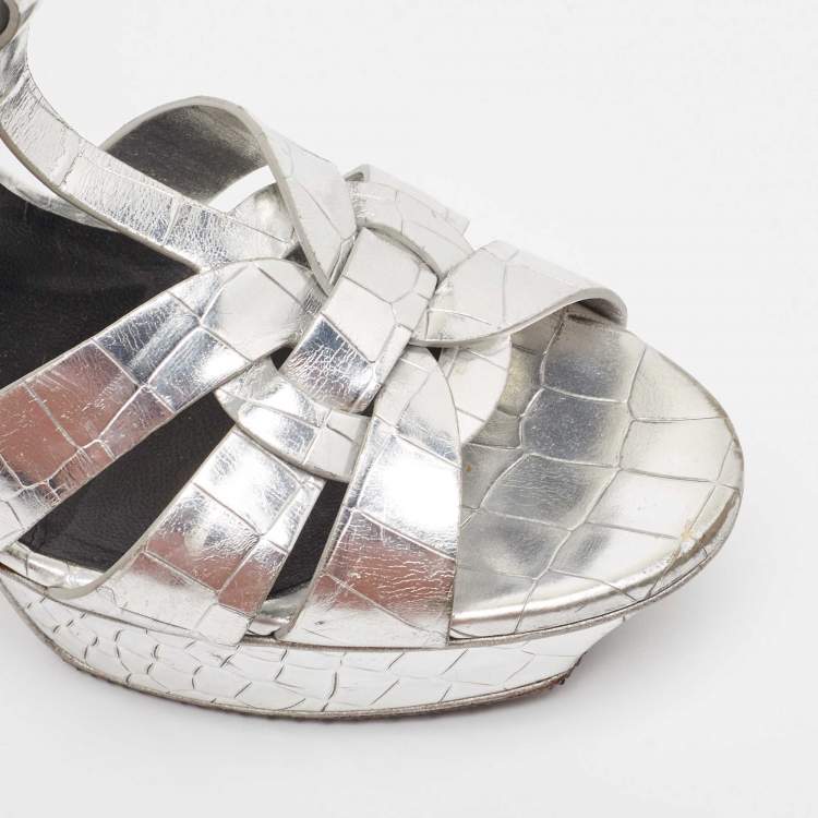 Pre Owned Saint Laurent Silver Croc Embossed Leather Tribute  Sandals Size 37.5