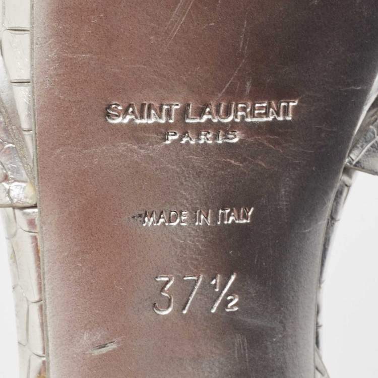 Pre Owned Saint Laurent Silver Croc Embossed Leather Tribute  Sandals Size 37.5