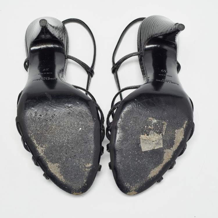 Pre Owned Saint Laurent Black Embossed Python Strappy Slingback Sandals Size 39