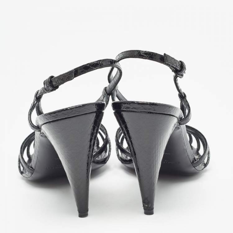 Pre Owned Saint Laurent Black Embossed Python Strappy Slingback Sandals Size 39