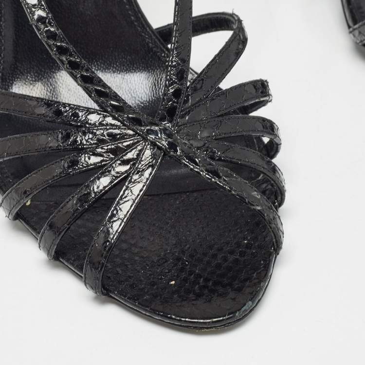 Pre Owned Saint Laurent Black Embossed Python Strappy Slingback Sandals Size 39