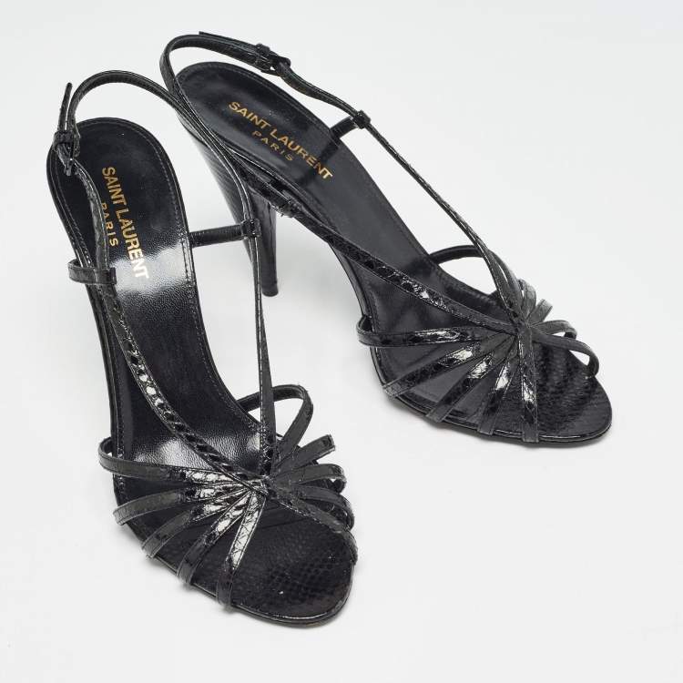 Pre Owned Saint Laurent Black Embossed Python Strappy Slingback Sandals Size 39