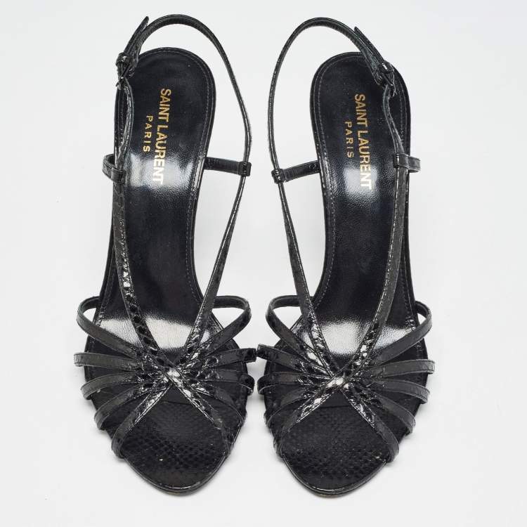 Pre Owned Saint Laurent Black Embossed Python Strappy Slingback Sandals Size 39