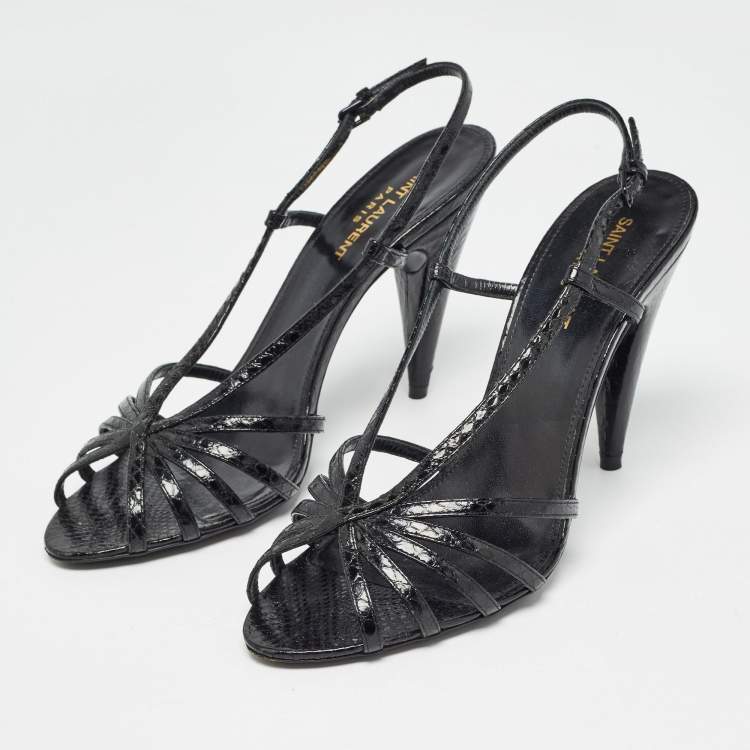 Pre Owned Saint Laurent Black Embossed Python Strappy Slingback Sandals Size 39