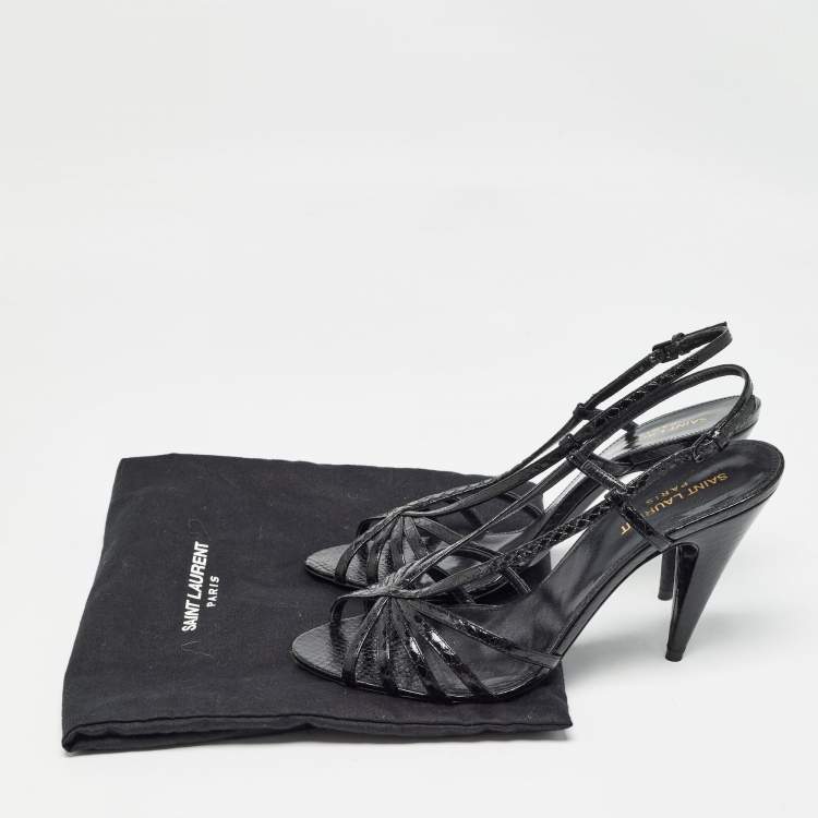 Pre Owned Saint Laurent Black Embossed Python Strappy Slingback Sandals Size 39