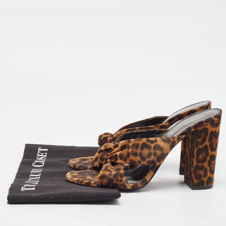 Pre Owned Saint Laurent Brown/Black Leopard Print Suede Loulou Slide Sandals Size 40