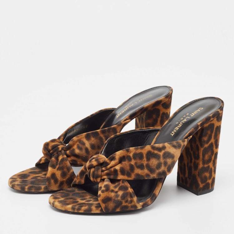 Pre Owned Saint Laurent Brown/Black Leopard Print Suede Loulou Slide Sandals Size 40