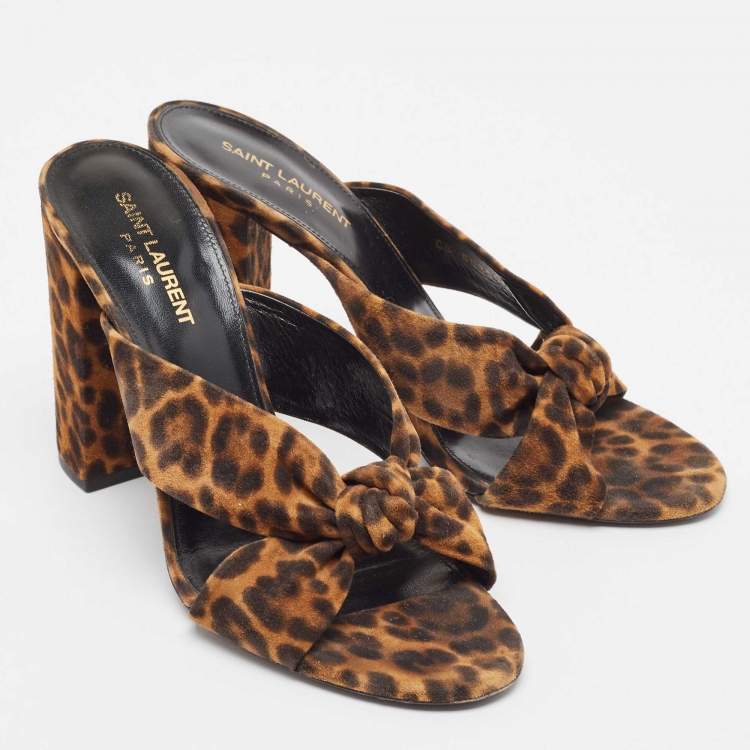Pre Owned Saint Laurent Brown/Black Leopard Print Suede Loulou Slide Sandals Size 40