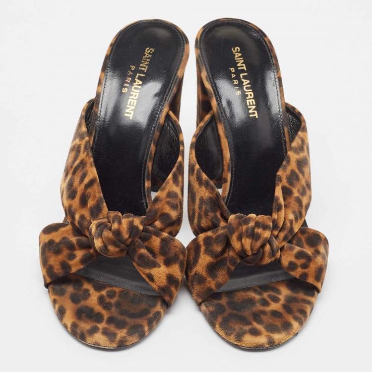 Pre Owned Saint Laurent Brown/Black Leopard Print Suede Loulou Slide Sandals Size 40