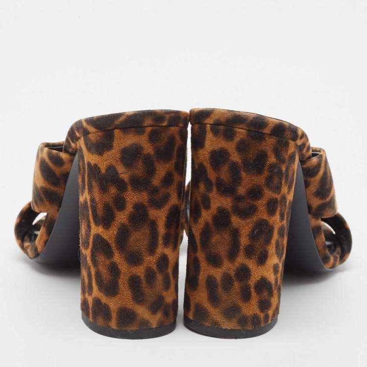 Pre Owned Saint Laurent Brown/Black Leopard Print Suede Loulou Slide Sandals Size 40