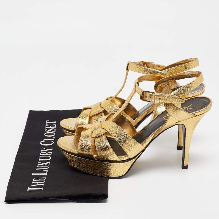 Pre Owned Saint Laurent Gold Leather Tribute Ankle Strap  Sandals Size 37