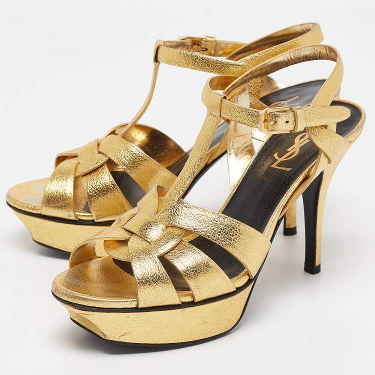 Pre Owned Saint Laurent Gold Leather Tribute Ankle Strap  Sandals Size 37