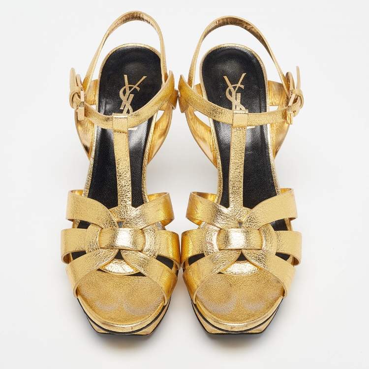 Pre Owned Saint Laurent Gold Leather Tribute Ankle Strap  Sandals Size 37