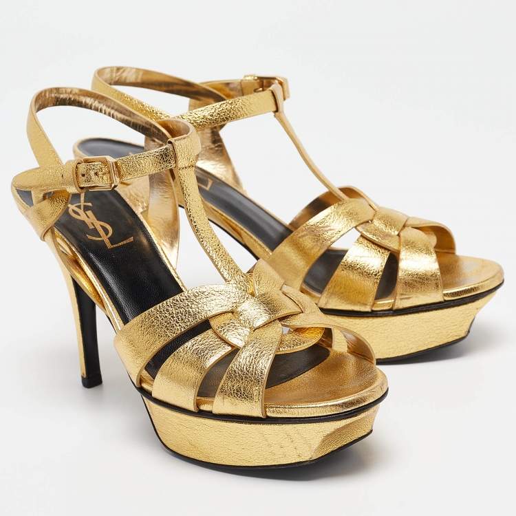 Pre Owned Saint Laurent Gold Leather Tribute Ankle Strap  Sandals Size 37