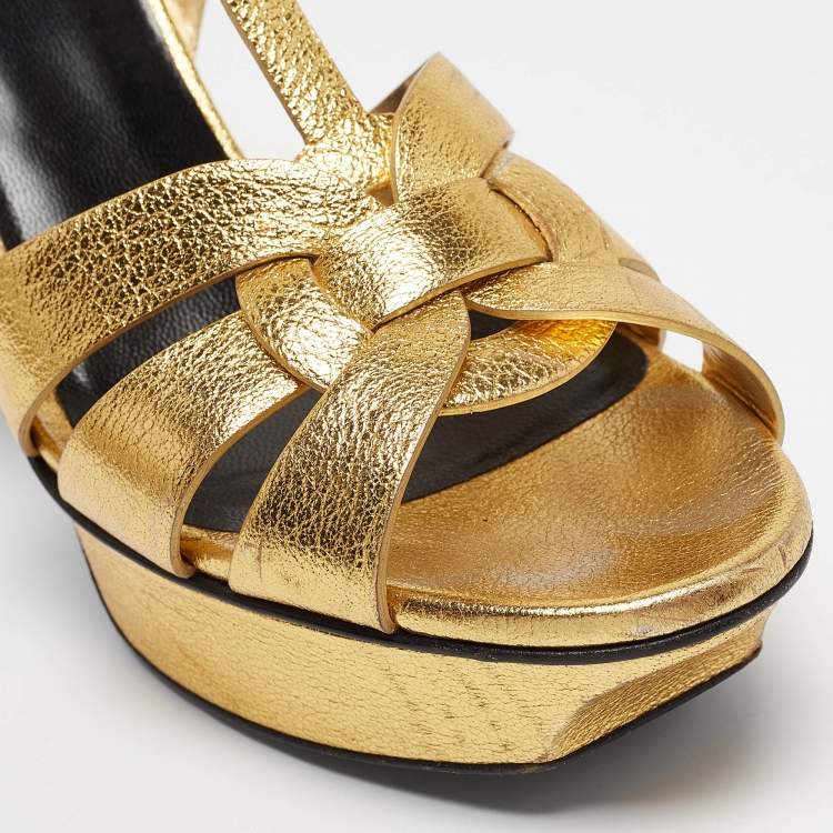 Pre Owned Saint Laurent Gold Leather Tribute Ankle Strap  Sandals Size 37