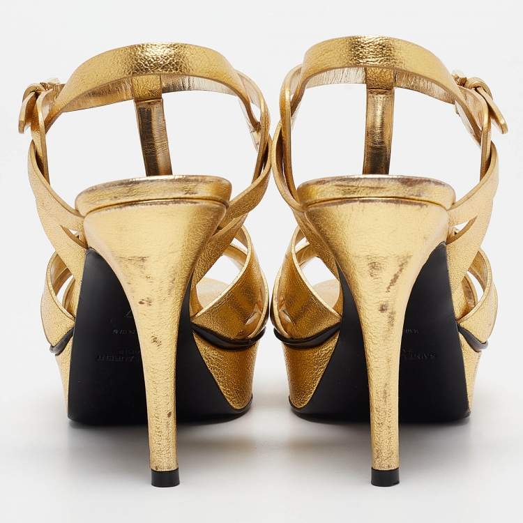 Pre Owned Saint Laurent Gold Leather Tribute Ankle Strap  Sandals Size 37