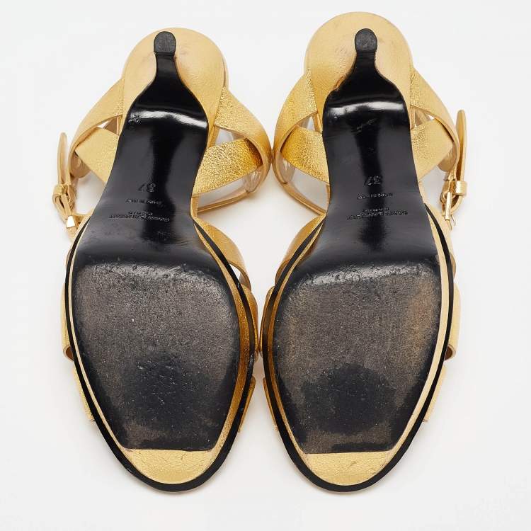 Pre Owned Saint Laurent Gold Leather Tribute Ankle Strap  Sandals Size 37