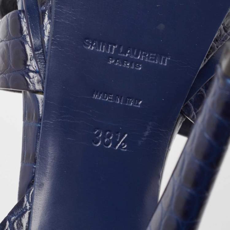 Pre Owned Saint Laurent Paris Navy Blue Croc Embossed Leather Tribute Platform Ankle Strap Sandals Size 38.5