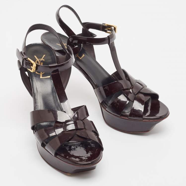 Pre Owned Saint Laurent Burgundy Patent Leather Tribute Ankle Strap Sandals Size 37.5