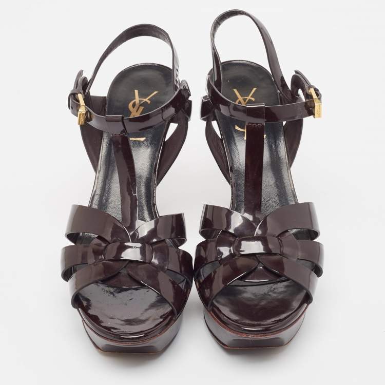 Pre Owned Saint Laurent Burgundy Patent Leather Tribute Ankle Strap Sandals Size 37.5