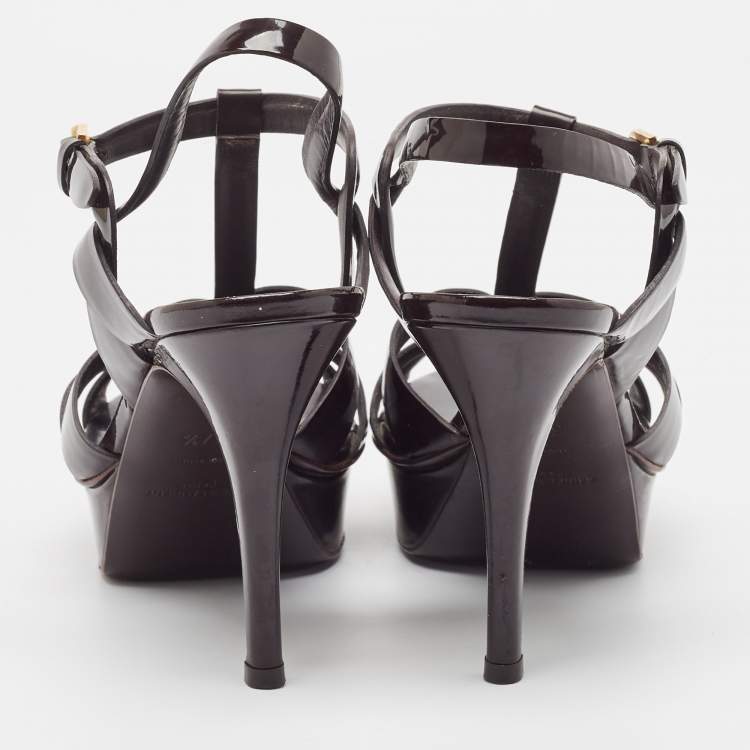 Pre Owned Saint Laurent Burgundy Patent Leather Tribute Ankle Strap Sandals Size 37.5