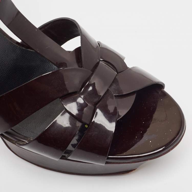 Pre Owned Saint Laurent Burgundy Patent Leather Tribute Ankle Strap Sandals Size 37.5