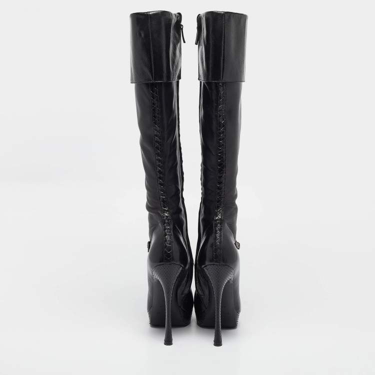 Pre Owned Saint Laurent Black Python and Leather Knee Length Boots Size 39