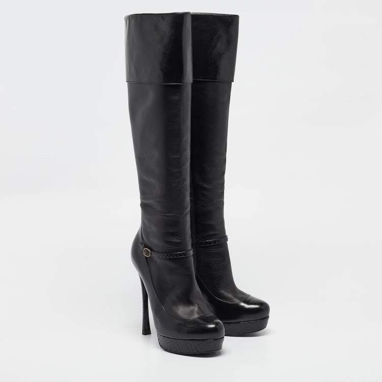 Pre Owned Saint Laurent Black Python and Leather Knee Length Boots Size 39
