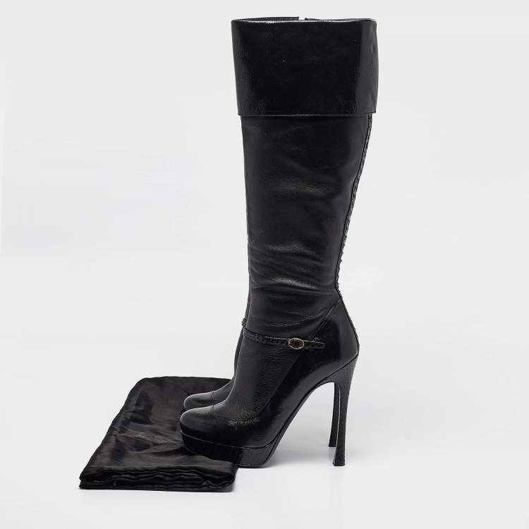 Pre Owned Saint Laurent Black Python and Leather Knee Length Boots Size 39