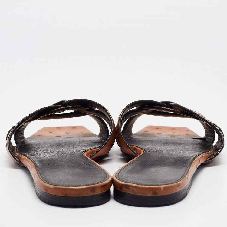 Pre Owned Saint Laurent Brown Ostrich Tribute Flat Slides Size 40