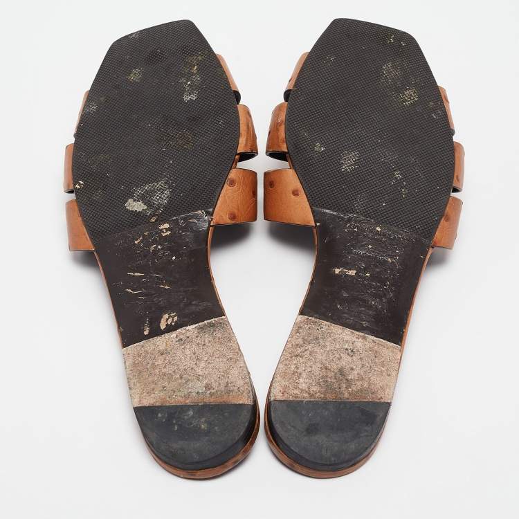 Pre Owned Saint Laurent Brown Ostrich Tribute Flat Slides Size 40