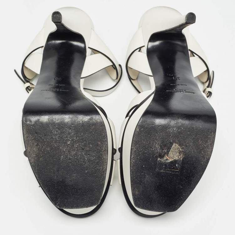 Pre Owned Saint Laurent White/Black Leather Tribute Ankle Strap Sandals Size 38