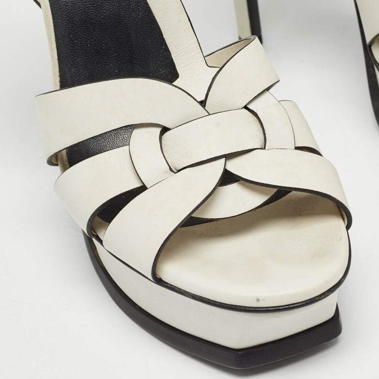 Pre Owned Saint Laurent White/Black Leather Tribute Ankle Strap Sandals Size 38