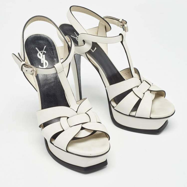 Pre Owned Saint Laurent White/Black Leather Tribute Ankle Strap Sandals Size 38
