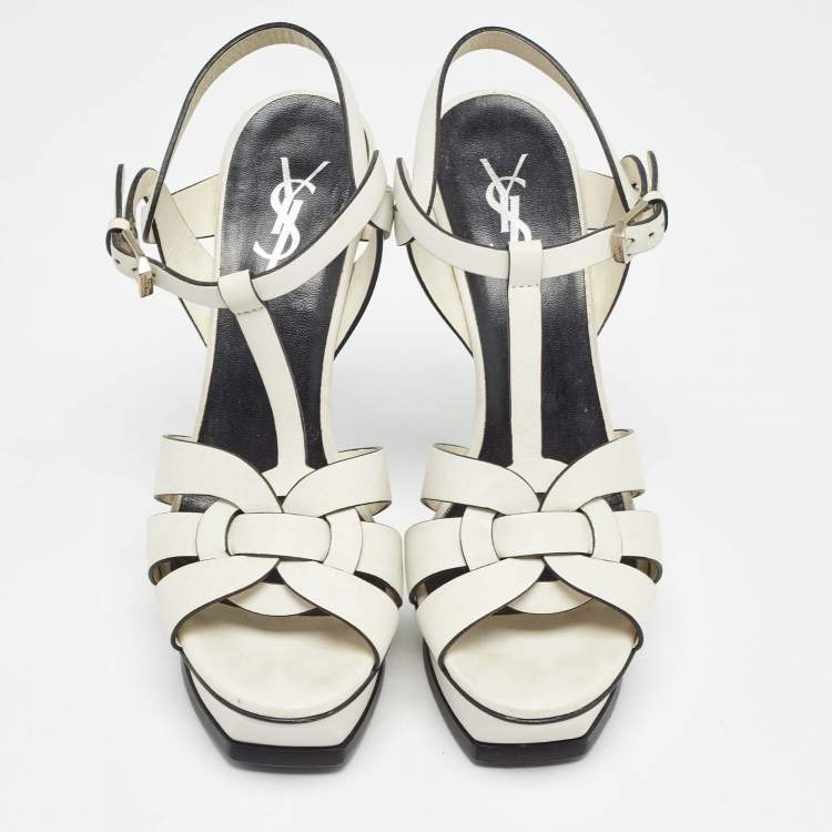 Pre Owned Saint Laurent White/Black Leather Tribute Ankle Strap Sandals Size 38