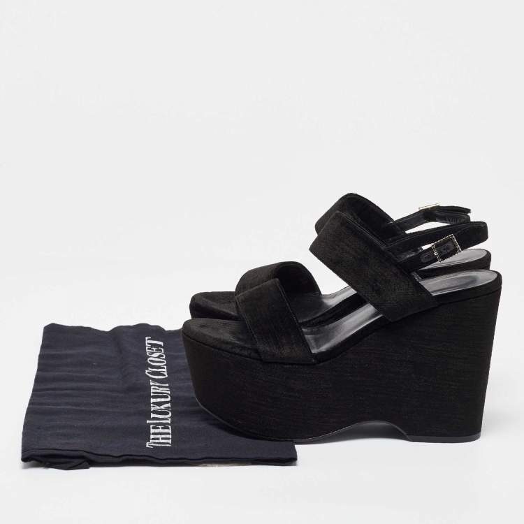 Pre Owned Saint Laurent Black Velvet Platform Wedge Sandals Size 38